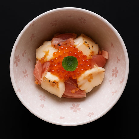 salmon roe or ikura on a bed of sashimi with tobiko. white fish, premium japanese ingredients and tuna