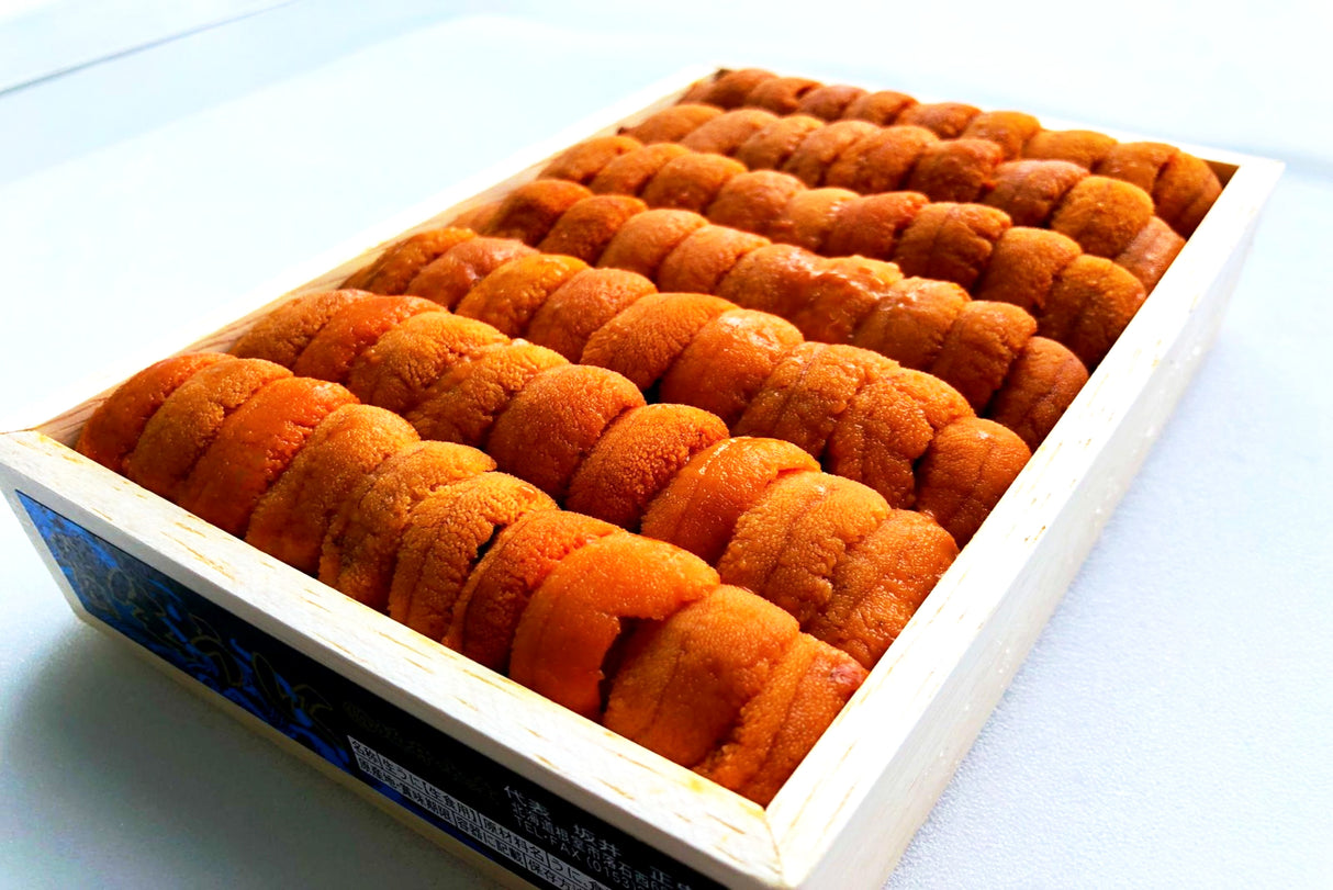 Auction grade red Japanese bafun uni is the most used uni in the world. Each box is carefully selected by our purveyors and bid on by our auctioneers the morning they are brought into the famed Tokyo Tsukiji market in Japan. Red Narabi Uni comes from the Japanese waters Off the coasts of Hokkaido and has a unique creamy and briney taste, the uni melts in your mouth leaving a sweet and light aftertaste.