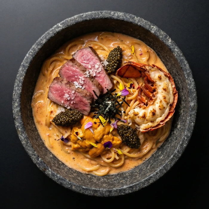 Creamy uni-mentaiko pasta topped with Sakura steak, lobster tail, premium caviar, and a finishing touch of Rokusuke Salt — an elevated Parents’ Day dish made for celebrating at home.