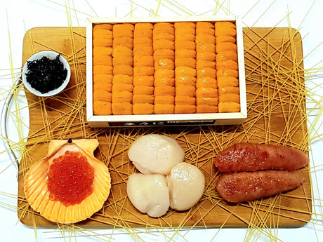 Shiki delivery japan japanese fresh frozen sashimi Ikura shiokombu scallops hotate uni sea urchin mentaiko fish eggs hokkaido tokyo angel hair pasta promotion