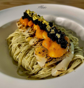 caviar angel hair pasta with gold flakes, sea urchin. premium food that you can make at home with simple steps.
